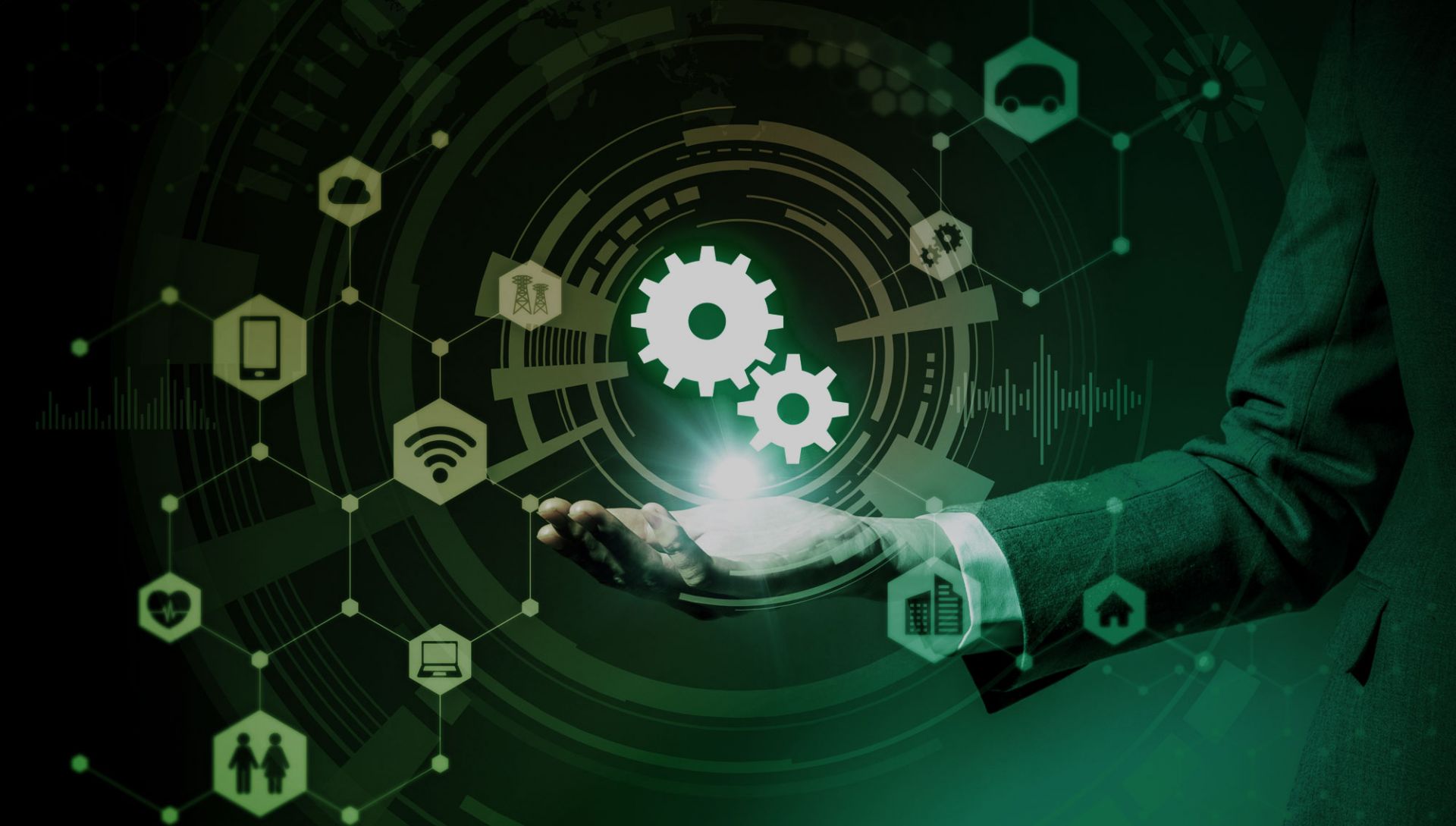 IoT systems design image of application icons around a central gear