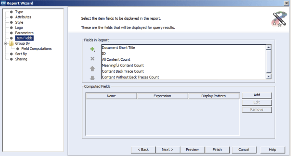 PTC Integrity Reporting Item Fields